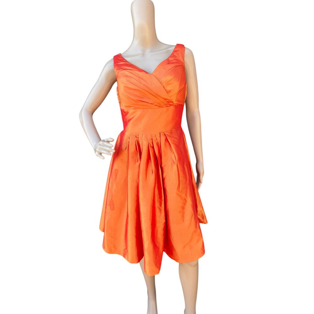 Custom Orange Pleated V-Neck Cocktail Dress Padded Boned 8/10
